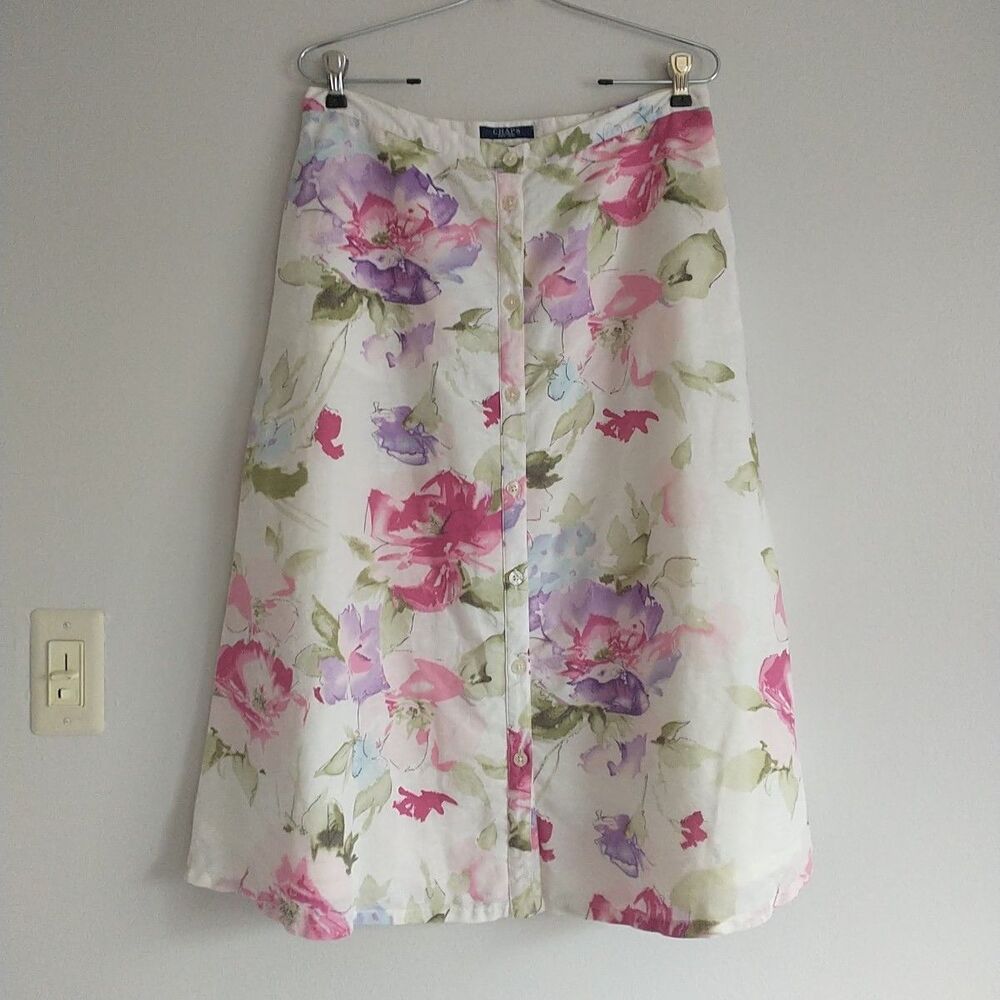 Chaps Midi Skirt Womens 10 Floral Linen Blend Button Front Watercolor Cottage